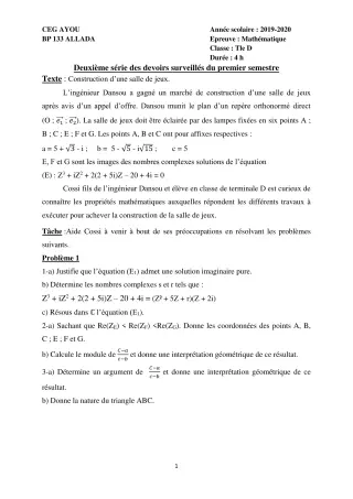 Première page de Mathématiques Tle D — 2e devoir surveillé, 1er semestre (2019-2020) · CEG AYOU