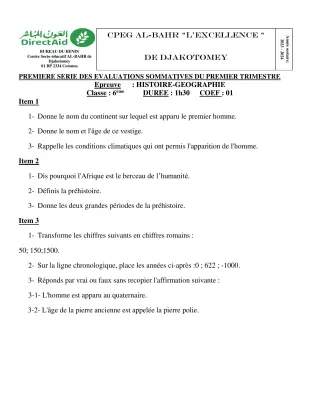 Première page de Histoire-Géographie 6e, 5e — 1re évaluation sommative, 1er trimestre (2023-2024) · CPEG L'EXCELLENCE