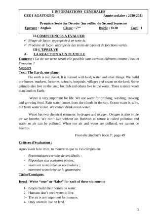 Première page de Anglais 5e — 1er devoir surveillé, 2e semestre (2020-2021) · CEG 1 Agatogbo