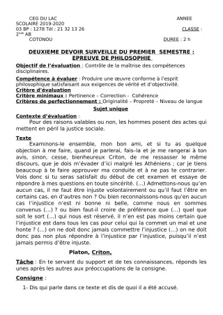 Première page de Philosophie 2nde A, 2nde B — 2e devoir surveillé, 1er semestre (2019-2020) · CEG du Lac