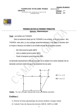 Première page de Mathématiques 3e — 1er devoir surveillé, 1er trimestre (2019-2020) · CPEG MARIA GRACIA