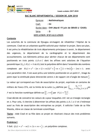 Première page de Devoir surveillé de MATHS GENE — Tle D — CEG Agassa Godomey (2019)
