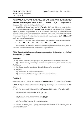 Première page de Mathématiques 1ère B — 1er devoir surveillé, 2e semestre (2018-2019) · CEG Le Plateau