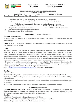 Première page de Histoire-Géographie 1ère A2 — 2e devoir surveillé, 2e semestre (2022-2023) · CEG SEKERE