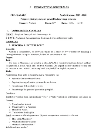 Première page de Anglais 6e — 1er devoir surveillé, 1er semestre (2019-2020) · CEG1 Kalalé