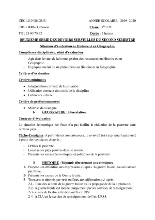Première page de Histoire-Géographie 1ère D — 2e devoir surveillé, 2e semestre (2019-2020) · CEG LE NOKOUE