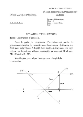Première page de Mathématiques 5e — 2e devoir surveillé (2018-2019) · Lycée Houegbadja d'Abomey (Ex Mafory Bangoura)
