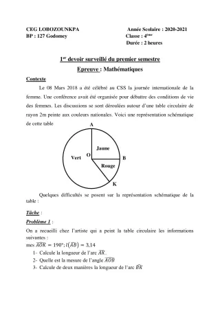 Première page de Mathématiques 4e — 1er devoir surveillé, 1er semestre (2020-2021) · CEG Lobozounkpa