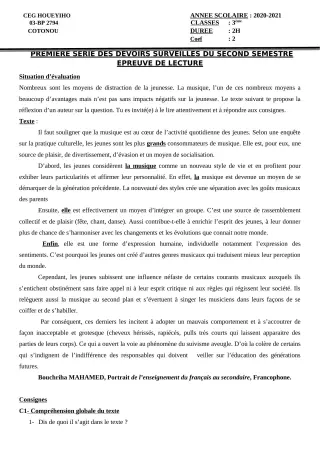 Première page de Français 3e, 3e ML — 1er devoir surveillé, 2e semestre (2020-2021) · CEG HOUEYIHO
