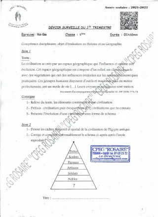 Première page de Histoire-Géographie 5e — 2e devoir surveillé, 1er trimestre (2021-2022) · CPEG ROSAIRE