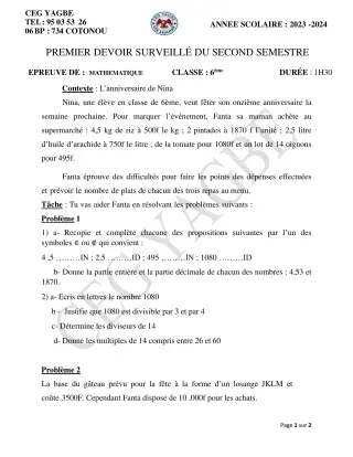Première page de Mathématiques 6e — 1er devoir surveillé, 2e semestre (2023-2024) · CEG Yagbe