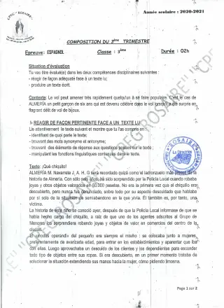 Première page de Espagnol 3e ML — Composition (2020-2021) · CPEG ROSAIRE