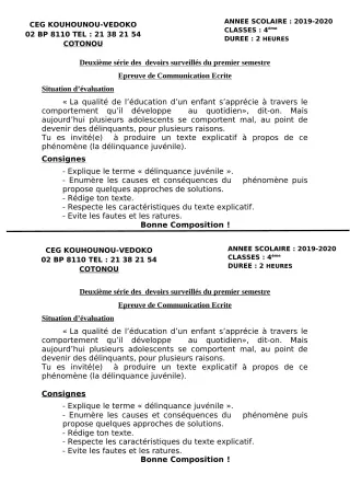 Première page de Français 6e, 5e, 4e, 4e ML, 3e, 3e ML, 2nde A1, 2nde A2, 2nde B, 2nde C, 2nde D, 1ère A1, 1ère A2, 1ère B, 1ère C, 1ère D, Tle A1, Tle A2, Tle B, Tle C, Tle D — 2e devoir surveillé, 1er semestre (2019