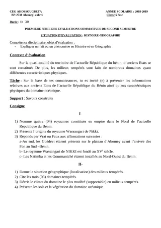 Première page de Histoire-Géographie 6e, 5e, 4e, 4e ML, 3e, 3e ML, 2nde A & B, 2nde D — 1re évaluation sommative, 2e semestre (2018-2019) · CEG Ahossougbéta