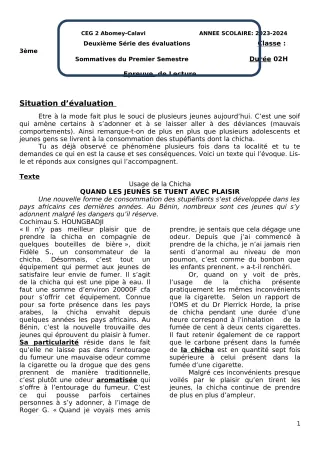 Première page de Français 3e — 2e évaluation sommative, 1er semestre (2023-2024) · CEG2 ABOMEY - CALAVI (CEG ZOCA)