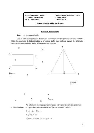 Première page de Mathématiques 4e — 1er devoir surveillé, 2e semestre (2021-2022) · CEG2 ABOMEY - CALAVI (CEG ZOCA)