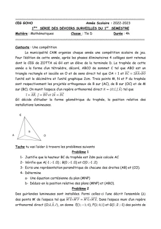 Première page de Mathématiques Tle D — Devoir surveillé, 1er semestre (2022-2023) · CEG GOHO