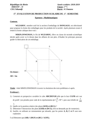 Première page de Mathématiques 2nde C — 1re production scolaire, 1er semestre (2018-2019) · CEG SEKANDJI