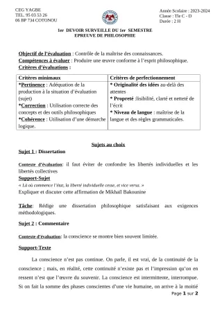 Première page de Philosophie Tle C, Tle D — 1er devoir surveillé, 1er semestre (2023-2024) · CEG Yagbe
