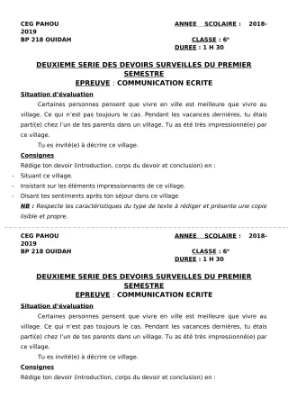 Première page de Français 6e — 2e devoir surveillé, 1er semestre (2018-2019) · CEG PAHOU