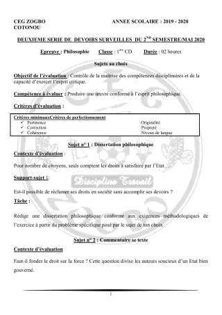 Première page de Philosophie 1ère C, 1ère D — 2e devoir surveillé, 2e semestre (2019-2020) · CEG ZOGBO