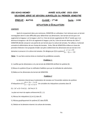 Première page de Mathématiques 1ère A & B — 2e devoir surveillé, 1er semestre (2023-2024) · CEG GOHO