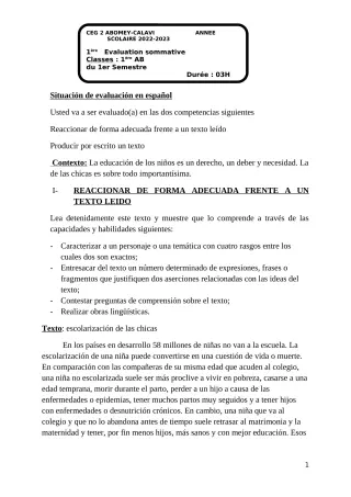 Première page de Espagnol 1ère B — 1re évaluation sommative, 1er semestre (2022-2023) · CEG2 ABOMEY - CALAVI (CEG ZOCA)