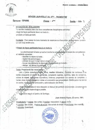 Première page de Espagnol 4e — 3e devoir surveillé, 3e trimestre (2020-2021) · CPEG ROSAIRE