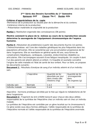 Première page de SVT Tle C — 2e devoir surveillé, 1er semestre (2022-2023) · CEG ZONGO