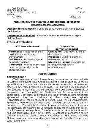 Première page de Philosophie 2nde C, 2nde D — 1er devoir surveillé, 2e semestre (2020-2021) · CEG du Lac