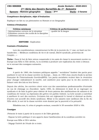 Première page de Histoire-Géographie 3e, 3e ML — 1er devoir surveillé (2020-2021) · CEG SEKERE