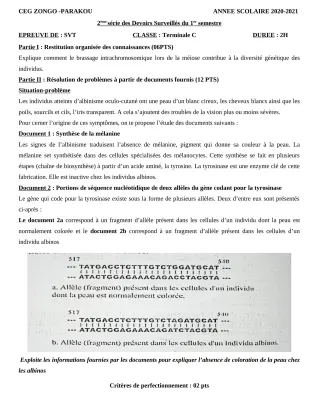 Première page de SVT Tle C — 2e devoir surveillé, 1er semestre (2020-2021) · CEG ZONGO
