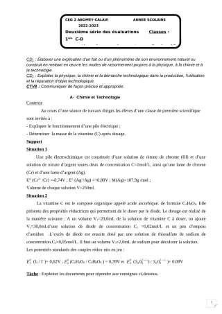 Première page de PCT 1ère C — 2e évaluation sommative, 2e semestre (2022-2023) · CEG2 ABOMEY - CALAVI (CEG ZOCA)