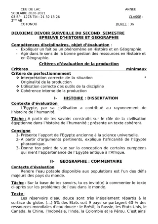 Première page de Histoire-Géographie 2nde A, 2nde B — 2e devoir surveillé, 2e semestre (2020-2021) · CEG du Lac