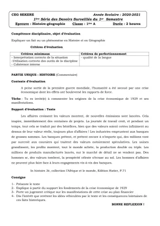 Première page de Histoire-Géographie 1ère A2 — 1er devoir surveillé, 1er semestre (2020-2021) · CEG SEKERE