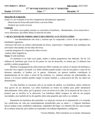 Première page de Espagnol 1ère A1, 1ère A2, 1ère B — Devoir surveillé, 1er semestre (2019-2020) · CEG Hubert C. MAGA