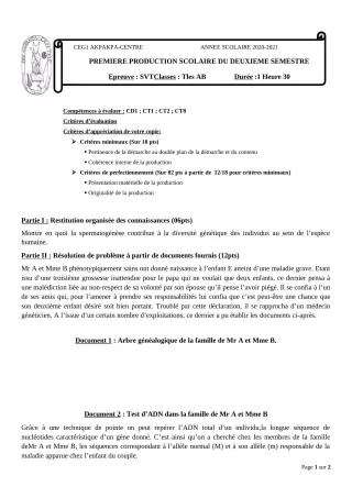 Première page de SVT Tle A1, Tle A2, Tle B, Tle C, Tle D — 1re production scolaire, 2e semestre (2020-2021) · CEG 1 Akpakpa-Centre