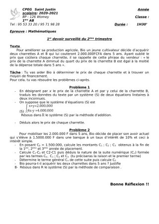 Première page de Mathématiques 1ère A2, 1ère B, Tle D — 1er devoir surveillé, 2e trimestre (2020-2021) · CPEG SAINT Justin