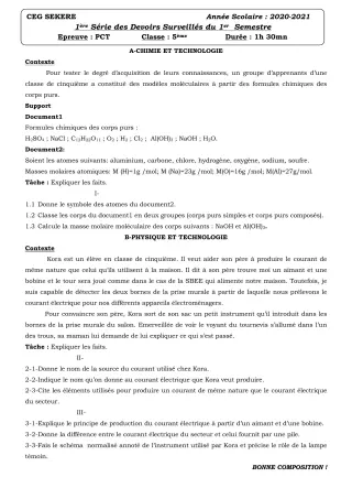 Première page de PCT 5e — 1er devoir surveillé (2020-2021) · CEG SEKERE