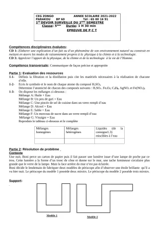 Première page de PCT 5e — 1er devoir surveillé, 2e semestre (2021-2022) · CEG ZONGO
