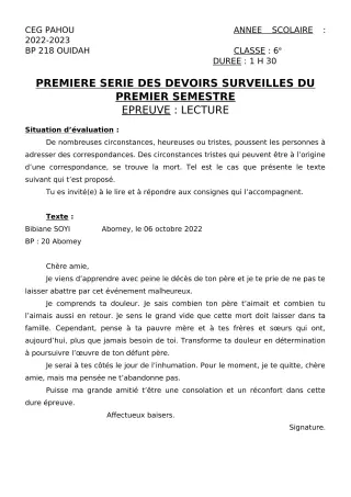 Première page de Français 6e — 1er devoir surveillé, 1er semestre (2022-2023) · CEG PAHOU