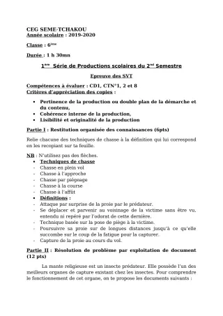 Première page de SVT 6e, 5e, 4e, 3e — 1re production scolaire, 2e semestre (2019-2020) · CEG Sème tchakou