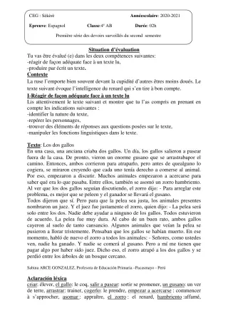 Première page de Espagnol 4e — 1er devoir surveillé, 2e semestre (2020-2021) · CEG SEKERE