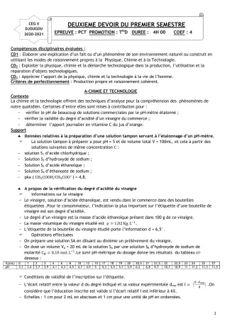 Première page de PCT Tle D — 2e devoir surveillé, 1er semestre (2020-2021) · CEG 2 Djougou