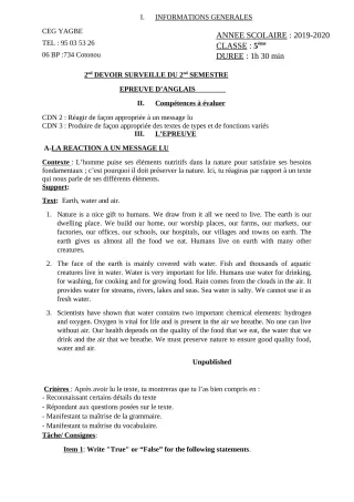Première page de Anglais 5e — 2e devoir surveillé, 2e semestre (2019-2020) · CEG Yagbe