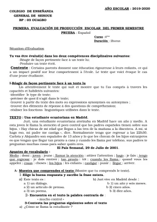 Première page de Espagnol 4e ML, 3e ML — 2019-2020 · CEG SEHOUE