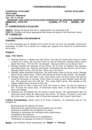 Première page de Anglais 2nde A2, 2nde D — Évaluation sommative, 1er trimestre (2019-2020) · CPEG ENFANT PRODIGE