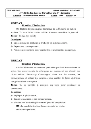 Première page de Français 3e, 3e ML — 1er devoir surveillé, 1er semestre (2020-2021) · CEG SEKERE