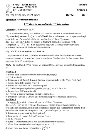 Première page de Mathématiques 1ère D — 2e devoir surveillé, 1er trimestre (2020-2021) · CPEG SAINT Justin
