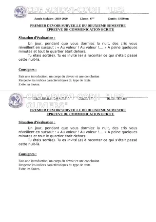 Première page de Français 6e — 1er devoir surveillé, 2e semestre (2019-2020) · CEG ADJOVICODJI 'LES OLIVIERS'